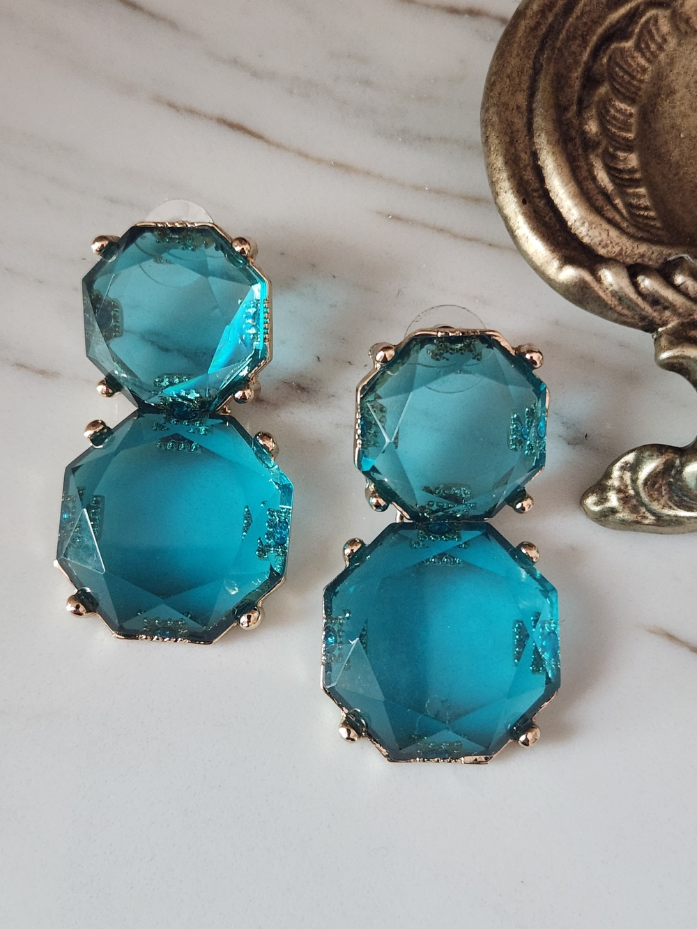 Teal Double Octagon Statement Earrings Gold and Blue Crystal Dangling